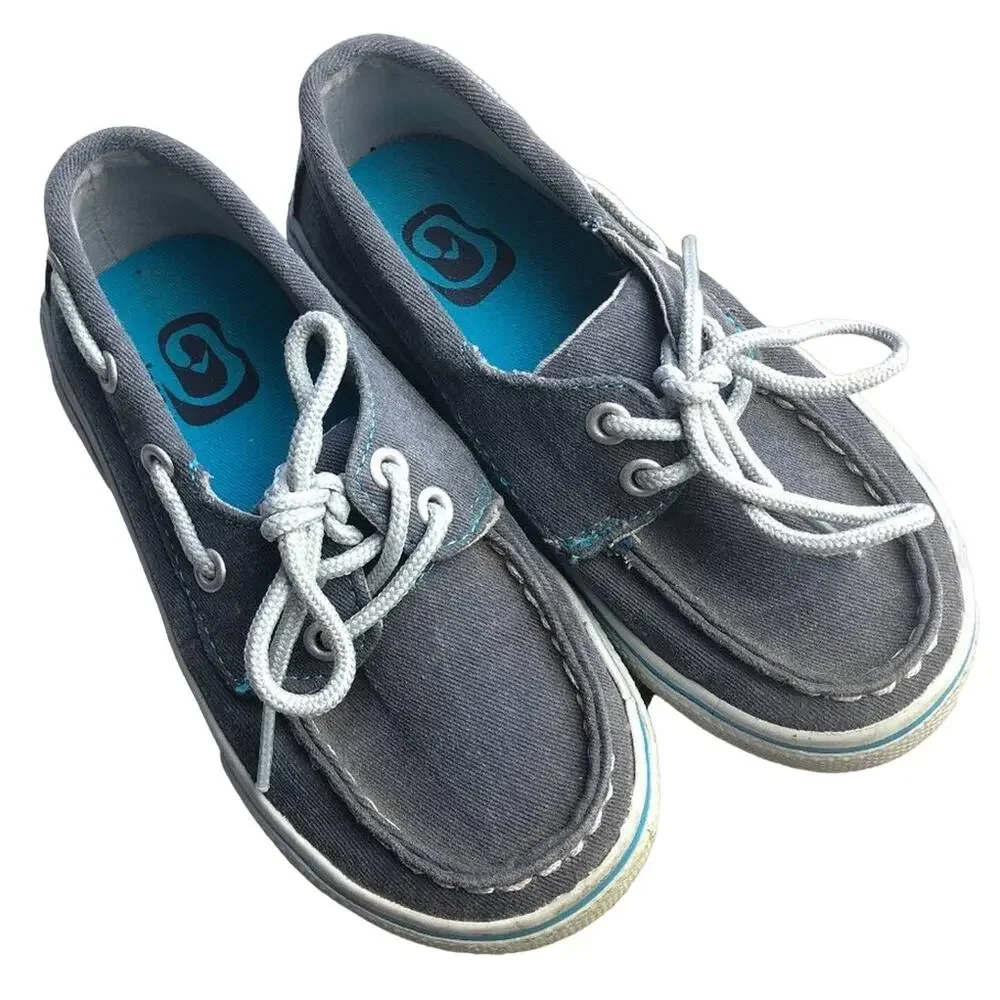 Children's Place Gray White Blue Canvas Slip On Tie Double Eye Boat Loafer Shoes